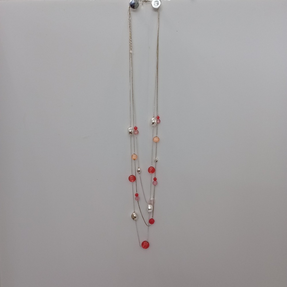 Long Layered  Silver Tone Station Necklace Pink Coral Beads Stamped NWT - Picture 3 of 6